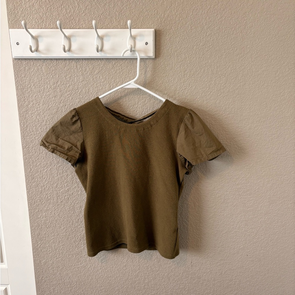 Anthropologie Olive Green Puff Sleeve Top